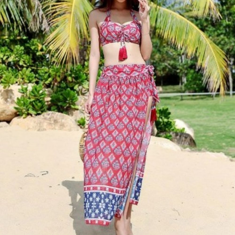 Patterned Tasseled Bikini + Cover-Up